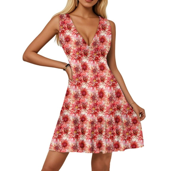 WTOBBY Women's Casual Summer Dress V-Neck Sleeveless Floral Print Pleated Hem Dress with Elastic Waist for Daily Comfort and All-Day Wear,Watermelon RedXL