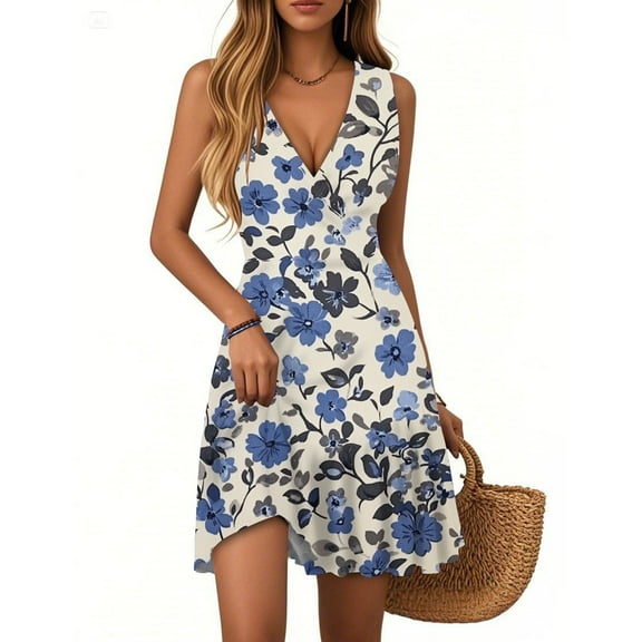 WTOBBY Women's Casual Summer Dress V-Neck Sleeveless Floral Print Pleated Hem Dress with Elastic Waist for Daily Comfort and All-Day Wear,Sky BlueM