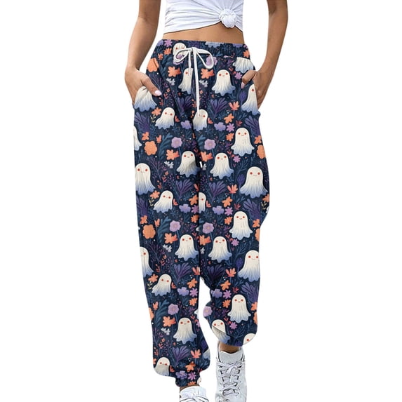 WTOBBY Women's Casual Sweatpants with Retro Halloween Print High Waist Drawstring Elastic Waist Pockets Long Lounge Pants for Sports and Travel,Blue L