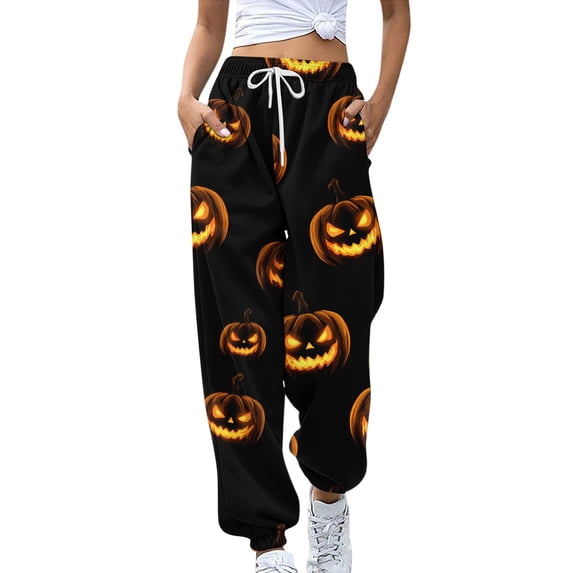 WTOBBY Women's Casual Sweatpants with Retro Halloween Print High Waist Drawstring Elastic Waist Pockets Long Lounge Pants for Sports and Travel,Ginger XL