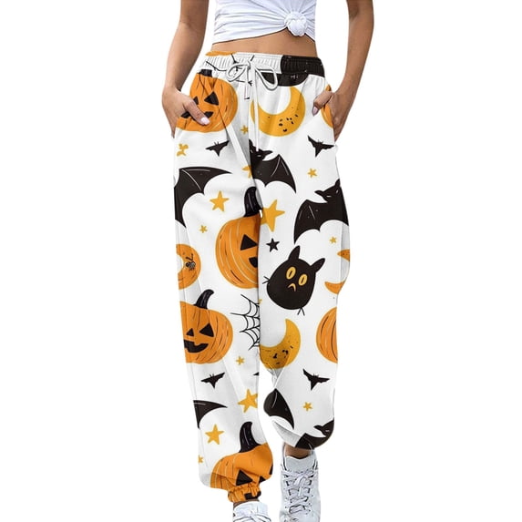 WTOBBY Women's Casual Sweatpants with Retro Halloween Print High Waist Drawstring Elastic Waist Pockets Long Lounge Pants for Sports and Travel,Orange M