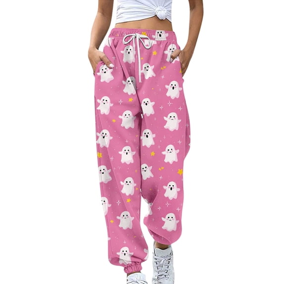 WTOBBY Women's Casual Sweatpants with Retro Halloween Print High Waist Drawstring Elastic Waist Pockets Long Lounge Pants for Sports and Travel,White M