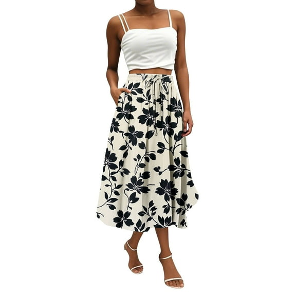 WTOBBY Women's Casual Temperament Bohemian Skirt with Vibrant Floral Print and Pocket, Everyday Boho Fashion Skirt for Summer Concerts and Market Days,Navy S