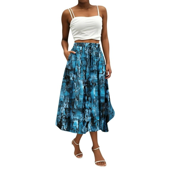 WTOBBY Women's Casual Temperament Bohemian Skirt with Vibrant Floral Print and Pocket, Everyday Boho Fashion Skirt for Summer Concerts and Market Days,Royal Blue L