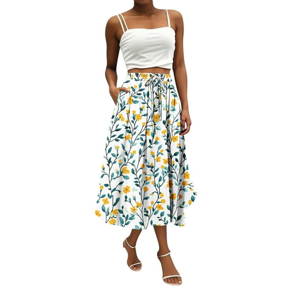 WTOBBY Women's Casual Temperament Bohemian Skirt with Vibrant Floral Print and Pocket, Everyday Boho Fashion Skirt for Summer Concerts and Market Days,White S