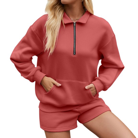 WTOBBY Women's Casual Two-Piece Set, Solid Color Sweatshirt with Pocket and Three-Quarter Pants, Fashionable Outfit for Spring Fall, Comfortable Lounge Wear for Home Daily Use,Red XL