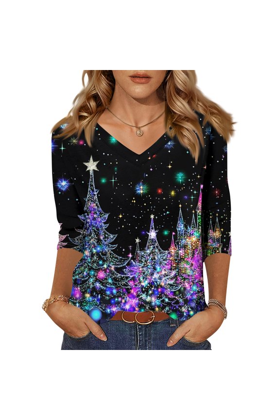 Women's Casual V-Neck 3/4 Sleeve Loose Fit Printed T-Shirt with Christmas Elements, Holiday Seasonal Top for Ladies Everyday Wear,Multicolor M