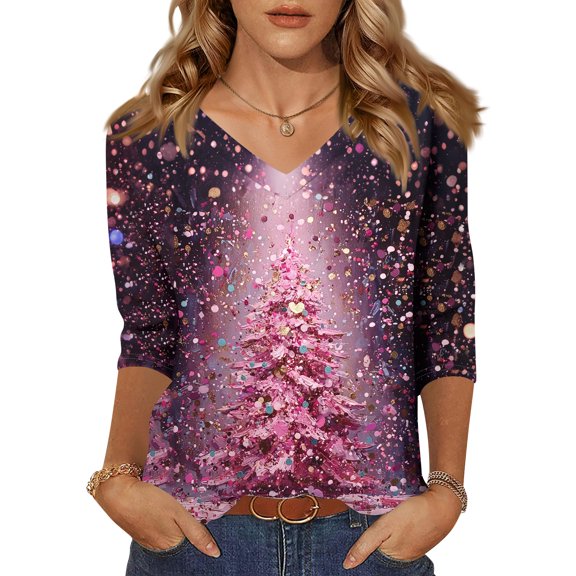 WTOBBY Women's Casual V-Neck 3/4 Sleeve Loose Fit Printed T-Shirt with Christmas Elements, Holiday Seasonal Top for Ladies Everyday Wear,Pink XL