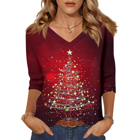 WTOBBY Women's Casual V-Neck 3/4 Sleeve Loose Fit Printed T-Shirt with Christmas Elements, Holiday Seasonal Top for Ladies Everyday Wear,Vermilion L
