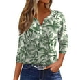 thumbnail image 1 of WTOBBY Women's Casual V-Neck Button Down Tee with 3/4 Sleeve, Daily Weekend Fashion Basic Tunic Top, Floral Print Henley Collar Comfort Fit Shirt,Army Green L, 1 of 5