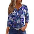 thumbnail image 1 of WTOBBY Women's Casual V-Neck Button Down Tee with 3/4 Sleeve, Daily Weekend Fashion Basic Tunic Top, Floral Print Henley Collar Comfort Fit Shirt,Purple S, 1 of 5
