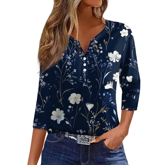 WTOBBY Women's Casual V-Neck Button Down Tee with 3/4 Sleeve, Daily Weekend Fashion Basic Tunic Top, Floral Print Henley Collar Regular Fit Comfort Shirt,Dark Blue 2XL