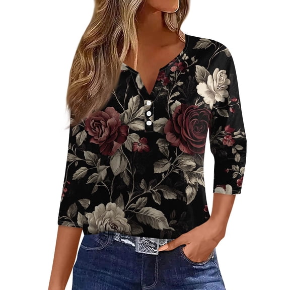 WTOBBY Women's Casual V-Neck Button Down Tee with 3/4 Sleeve, Daily Weekend Fashion Basic Tunic Top, Floral Print Henley Collar Regular Fit Comfort Shirt,Deep Red M