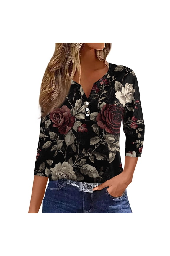 Women's Casual V-Neck Button Down Tee with 3/4 Sleeve, Daily Weekend Fashion Basic Tunic Top, Floral Print Henley Collar Regular Fit Comfort Shirt,Deep Red 2XL