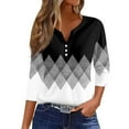 thumbnail image 1 of WTOBBY Women's Casual V-Neck Button Down Tee with 3/4 Sleeve, Daily Weekend Fashion Basic Tunic Top, Retro Geometric Print Henley Collar Regular Fit Shirt,Dark Gray S, 1 of 5