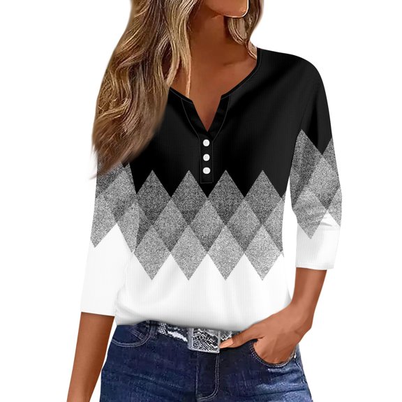WTOBBY Women's Casual V-Neck Button Down Tee with 3/4 Sleeve, Daily Weekend Fashion Basic Tunic Top, Retro Geometric Print Henley Collar Regular Fit Shirt,Dark Gray M