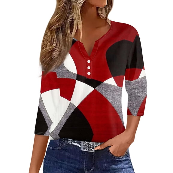 WTOBBY Women's Casual V-Neck Button Down Tee with 3/4 Sleeve, Daily Weekend Fashion Basic Tunic Top, Retro Geometric Print Henley Collar Regular Fit Shirt,Deep Red L