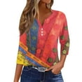thumbnail image 1 of WTOBBY Women's Casual V-Neck Button Down Tee with 3/4 Sleeve, Daily Weekend Fashion Basic Tunic Top, Retro Geometric Print Henley Collar Regular Fit Shirt,Red L, 1 of 5
