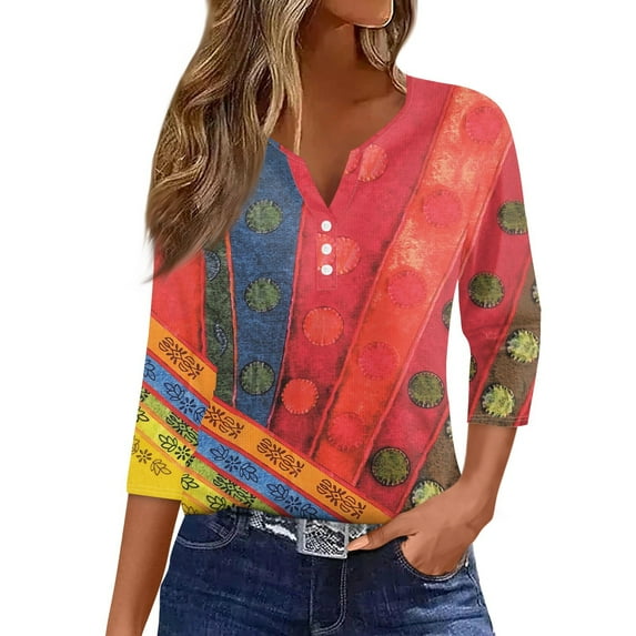 WTOBBY Women's Casual V-Neck Button Down Tee with 3/4 Sleeve, Daily Weekend Fashion Basic Tunic Top, Retro Geometric Print Henley Collar Regular Fit Shirt,Red L