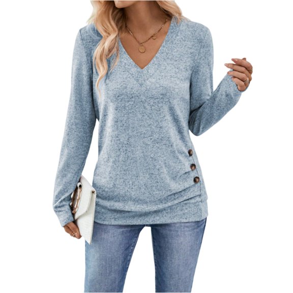 WTOBBY Women's Casual V-Neck Long Sleeve Blouse, Solid Color Button Front Top, Relaxed Fit Shirt, Everyday Comfort Wear with Fashionable Design,Light Blue S