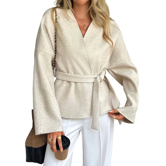 WTOBBY Women's Casual V-Neck Long Sleeve Coat with Strapped Detail, Fashion Solid Color Blazer Style Jacket, Versatile Outerwear for Office or Daily Use,Beige M
