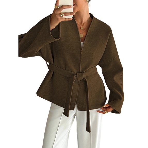 WTOBBY Women's Casual V-Neck Long Sleeve Coat with Strapped Detail, Fashion Solid Color Blazer Style Jacket, Versatile Outerwear for Office or Daily Use,Brown S