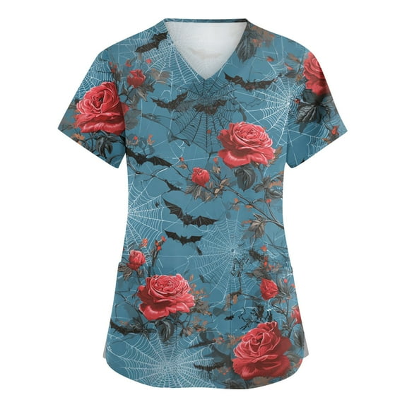 WTOBBY Women's Casual V-Neck Overalls with Short Sleeves and Pockets, Halloween Printed Tops for Workwear Uniforms and Caregiver Fashion,Ideal for Daily Nursing Activities,Royal Blue S