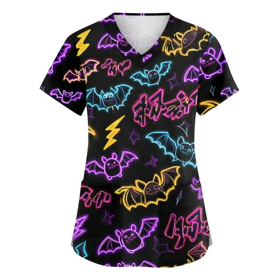 WTOBBY Women's Casual V-Neck Overalls with Short Sleeves and Pockets, Halloween Printed Tops for Workwear Uniforms and Caregiver Fashion,Ideal for Daily Nursing Activities,Dark Purple S