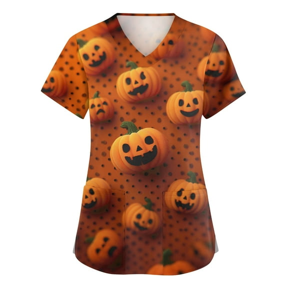 WTOBBY Women's Casual V-Neck Overalls with Short Sleeves and Pockets, Halloween Printed Tops for Workwear Uniforms and Caregiver Fashion,Ideal for Daily Nursing Activities,Earthy Yellow S