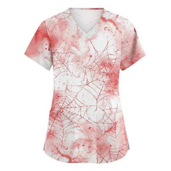 WTOBBY Women's Casual V-Neck Overalls with Short Sleeves and Pockets, Halloween Printed Tops for Workwear Uniforms and Caregiver Fashion,Ideal for Daily Nursing Activities,Pink S