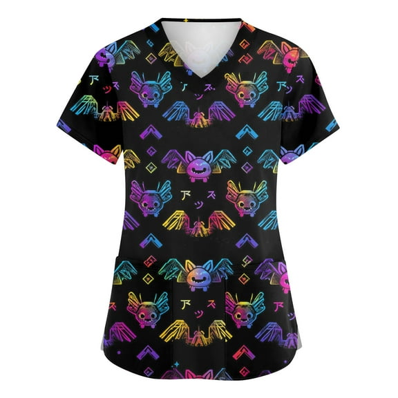 WTOBBY Women's Casual V-Neck Overalls with Short Sleeves and Pockets, Halloween Printed Tops for Workwear Uniforms and Caregiver Fashion,Ideal for Daily Nursing Activities,Black L