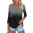 thumbnail image 1 of WTOBBY Women's Casual V-Neck Printed T-Shirt Tops with 3/4 Sleeve, Button Down Cardigan Style Tee, Fashion Gradient Print Blouse for Versatile Wear,Black L, 1 of 5