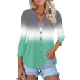 thumbnail image 1 of WTOBBY Women's Casual V-Neck Printed T-Shirt Tops with 3/4 Sleeve, Button Down Cardigan Style Tee, Fashion Gradient Print Blouse for Versatile Wear,Light Green 2XL, 1 of 5