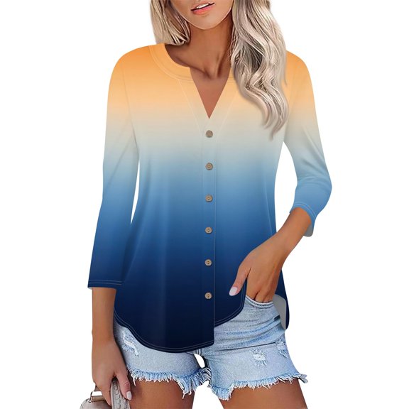 WTOBBY Women's Casual V-Neck Printed T-Shirt Tops with 3/4 Sleeve, Button Down Cardigan Style Tee, Fashion Gradient Print Blouse for Versatile Wear,Yellow XL