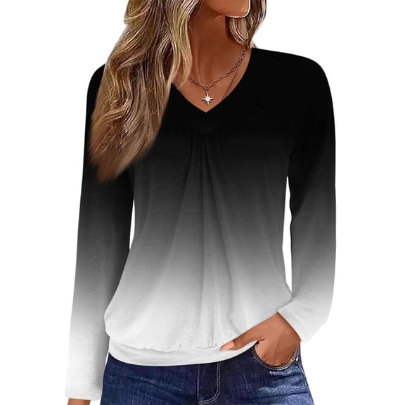 WTOBBY Women's Casual V Neck Raglan Sleeve Pleated Solid Color Long Sleeve Top, Gradient Print Blouse, Unique Textured Fall Shirt,Black XL