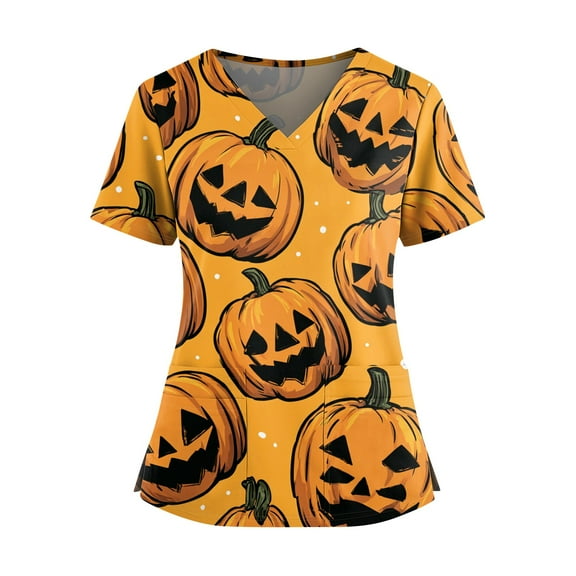 WTOBBY Women's Casual V-Neck Short Sleeve Halloween Printed Top with Double Front Pockets and Side Hem Slit, Perfect as a Caregiver Work Uniform or Everyday Fashion Shirt,Orange M