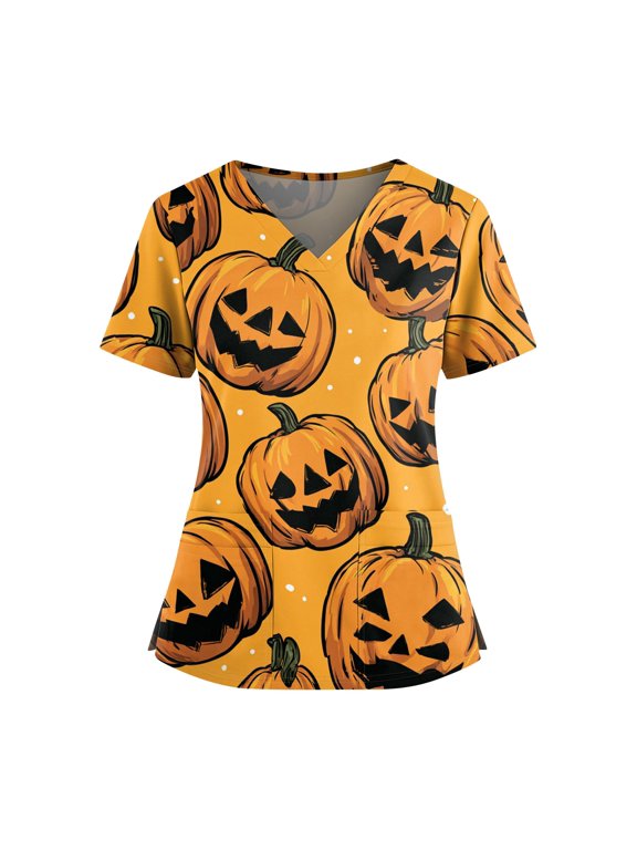 Women's Casual V-Neck Short Sleeve Halloween Printed Top with Double Front Pockets and Side Hem Slit, Perfect as a Caregiver Work Uniform or Everyday Fashion Shirt,Orange 4XL
