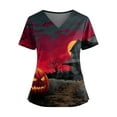 thumbnail image 1 of WTOBBY Women's Casual V-Neck Short Sleeve Halloween Printed Top with Double Front Pockets and Side Hem Slit, Perfect as a Caregiver Work Uniform or Everyday Fashion Shirt,Red M, 1 of 5