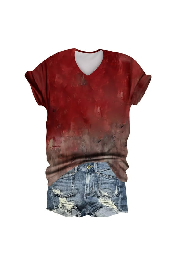 Women's Casual V-Neck Short Sleeve Halloween Top with Blood Print Design, Fashion Apparel for Elegant Seasonal Wear, Perfect Tee Shirt Style for Parties,Wine S