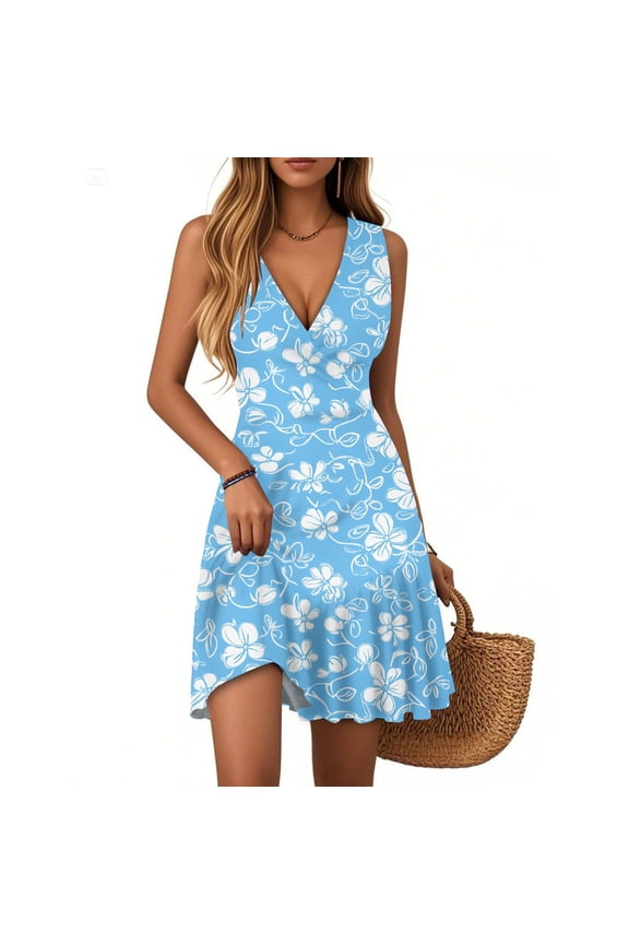 Women's Casual V-Neck Sleeveless Floral Print Dress with Pleated Hem and Comfortable A-Line Cut for Summer Beach Vacation and Street Style Fashion ,BlueM