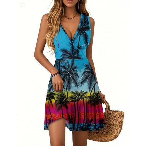 WTOBBY Women's Casual V-Neck Sleeveless Summer Dress with Hawaiian Print and Pleated Hem, Flowy Design for Outdoor Activities, Perfect for Holiday and Vacation Style,Blue M