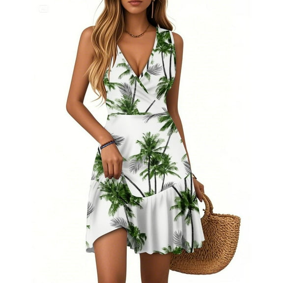 WTOBBY Women's Casual V-Neck Sleeveless Summer Dress with Hawaiian Print and Pleated Hem, Flowy Design for Outdoor Activities, Perfect for Holiday and Vacation Style,Dark Green S