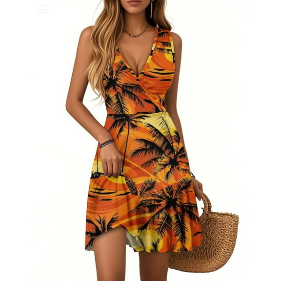 WTOBBY Women's Casual V-Neck Sleeveless Summer Dress with Hawaiian Print and Pleated Hem, Flowy Design for Outdoor Activities, Perfect for Holiday and Vacation Style,Saffron M