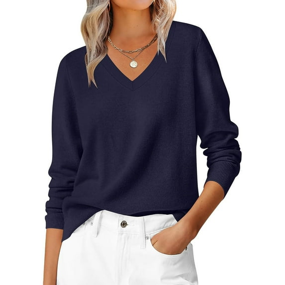 WTOBBY Women's Casual V-Neck Sweater Base Layer, Knitted Long Sleeve Solid Color Top for Layering and Everyday Outfits, Comfortable and Versatile,Navy XL