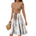 thumbnail image 1 of WTOBBY Women's Casual Vintage Floral Print Belted Waist Short Sleeve Round Neck Elegant Summer Dress,Complexion L, 1 of 4