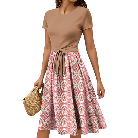 WTOBBY Women's Casual Vintage Floral Print Belted Waist Short Sleeve Round Neck Elegant Summer Dress,Hot Pink S