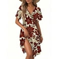 thumbnail image 1 of WTOBBY Women's Casual Vintage Floral Print Short Sleeve V-Neck Dress with Flutter Sleeve Detail, Bohemian Inspired for Everyday Fashion,Wine 2XL, 1 of 4