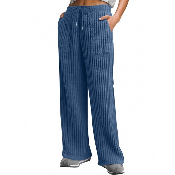WTOBBY Women's Casual Wide Leg Elastic Waist Ribbed Knit Loose Bottoms with Pockets Soft Lounge Pants for Home,Dark Blue 2XL