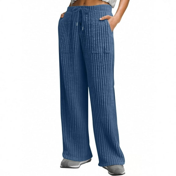 WTOBBY Women's Casual Wide Leg Elastic Waist Ribbed Knit Loose Bottoms with Pockets Soft Lounge Pants for Home,Dark Blue S