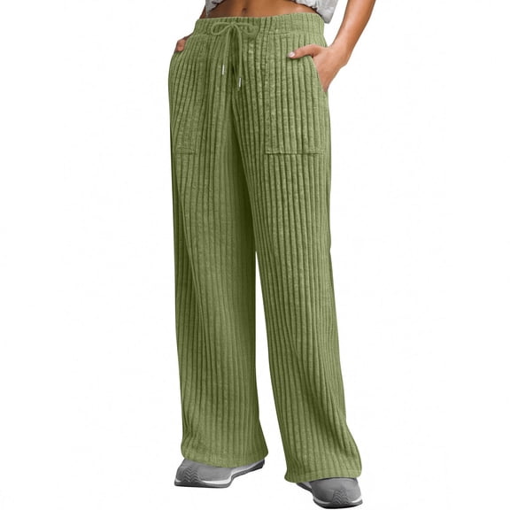 WTOBBY Women's Casual Wide Leg Elastic Waist Ribbed Knit Loose Bottoms with Pockets Soft Lounge Pants for Home,Green M